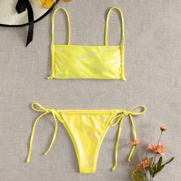 

Allover Graphic Tie Side Bikini Swimsuit, Yellow