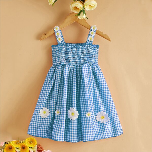 

Toddler Girls Floral Applique Gingham Cami Dress, Blue and white