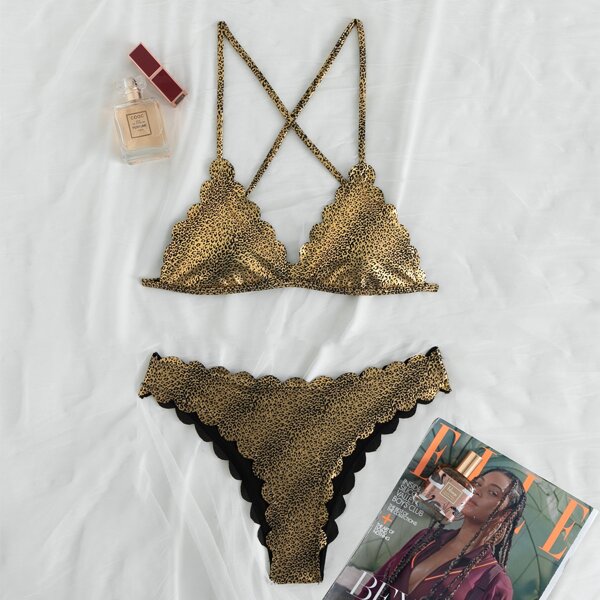 

Metallic Leopard Scallop Trim Bikini Swimsuit, Gold