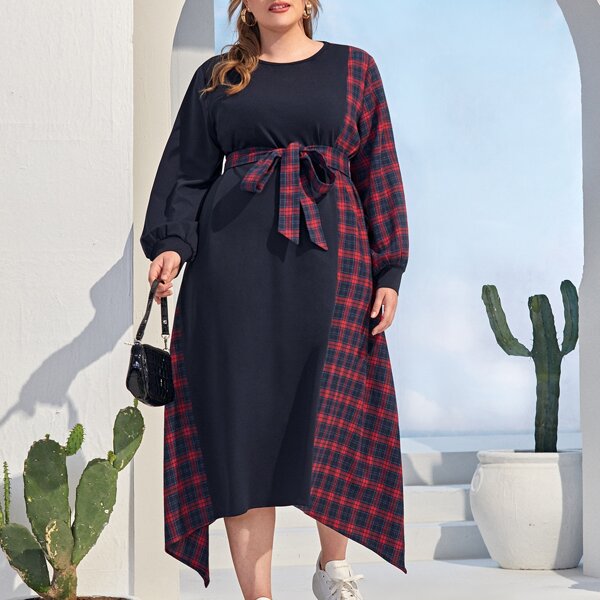 

Plus Plaid Asymmetrical Hem Belted Dress, Multicolor