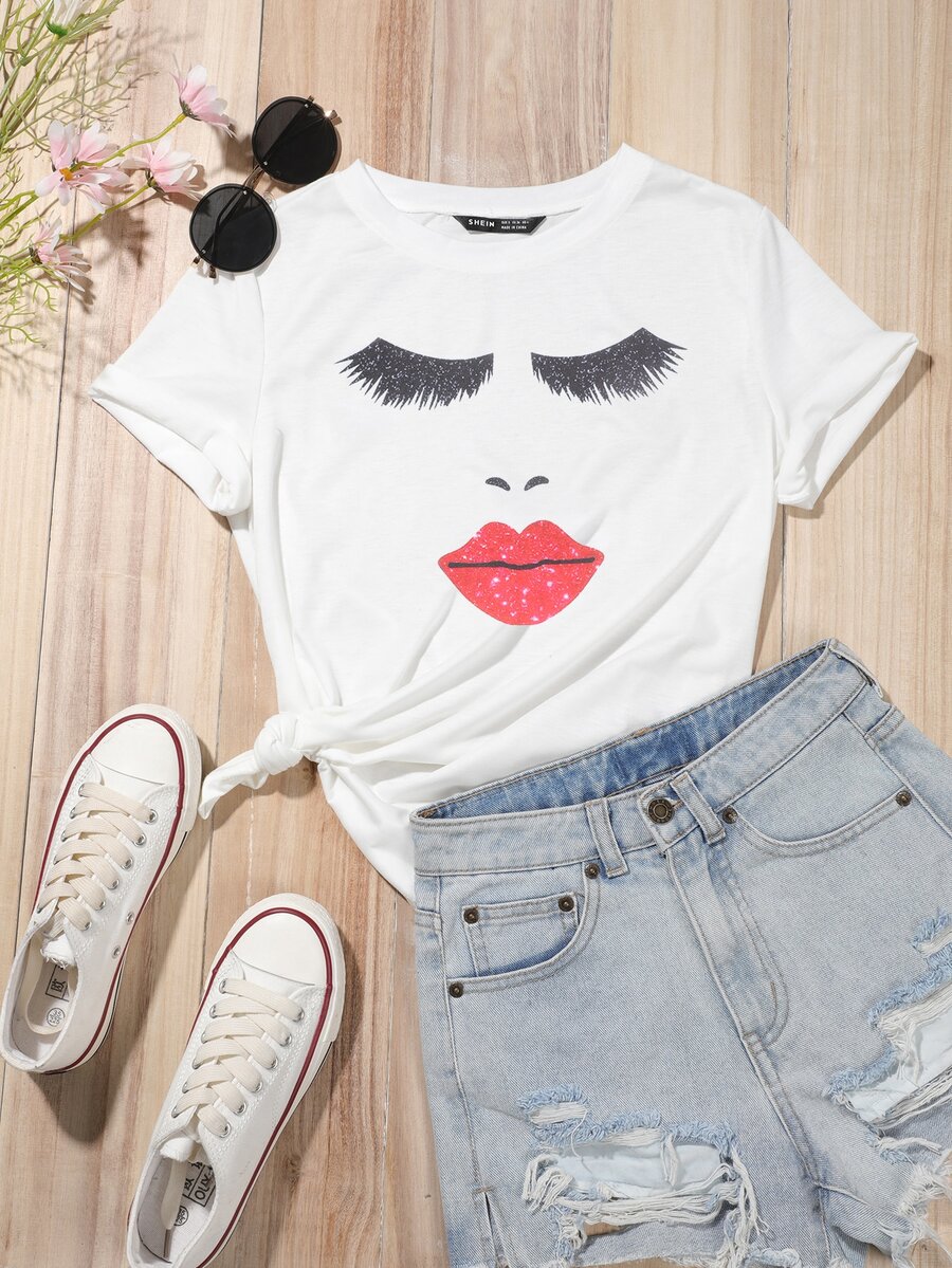 Pestañas con con estampado de labio Camiseta - Blanco - Ver 1