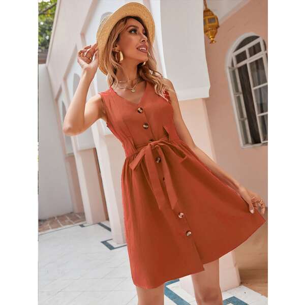 

Button Through Belted A-line Dress, Burnt orange