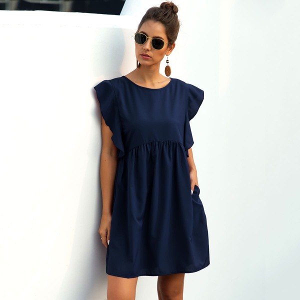 

Ruffle Trim Solid Smock Dress, Navy blue