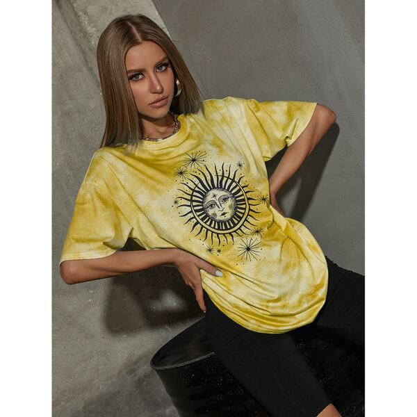 

Tie Dye Graphic Print Tee, Yellow