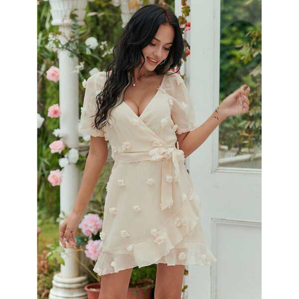 

Sweetheart Neck Ruffle Hem Belted Wrap Dress, Beige