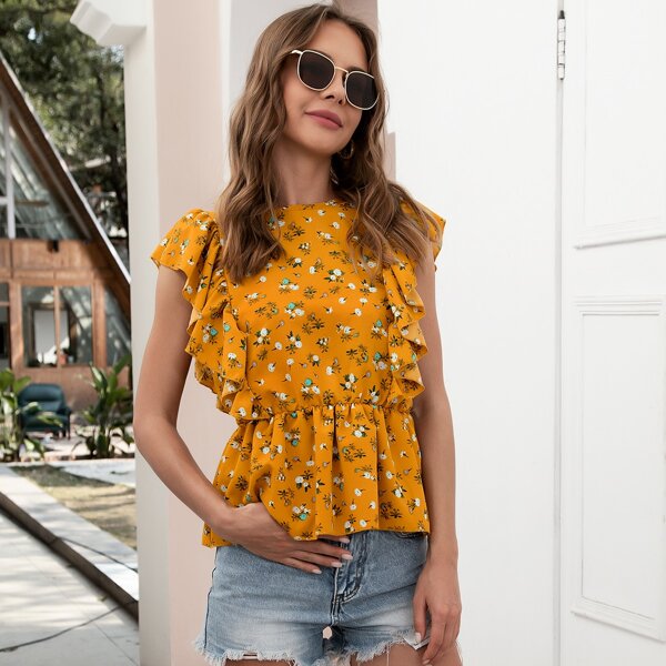 

Floral Print Ruffle Trim Backless Peplum Blouse, Mustard yellow