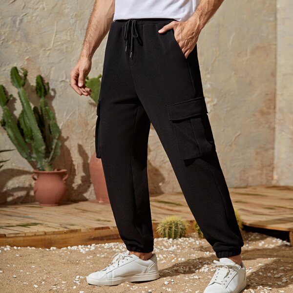 

Men Flap Pocket Drawstring Pants, Black