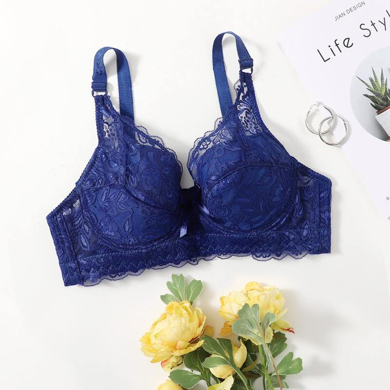 

Plus Bow Decor Floral Lace Underwire Bra, Blue