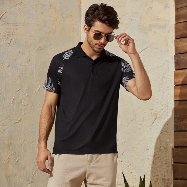 

Men Tropical Print Raglan Sleeve Polo Shirt, Black