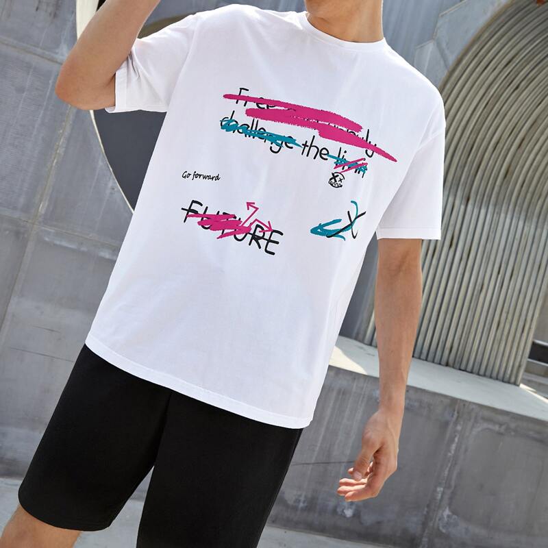 

Guys Letter Graphic Tee & Track Shorts Set, Black and white