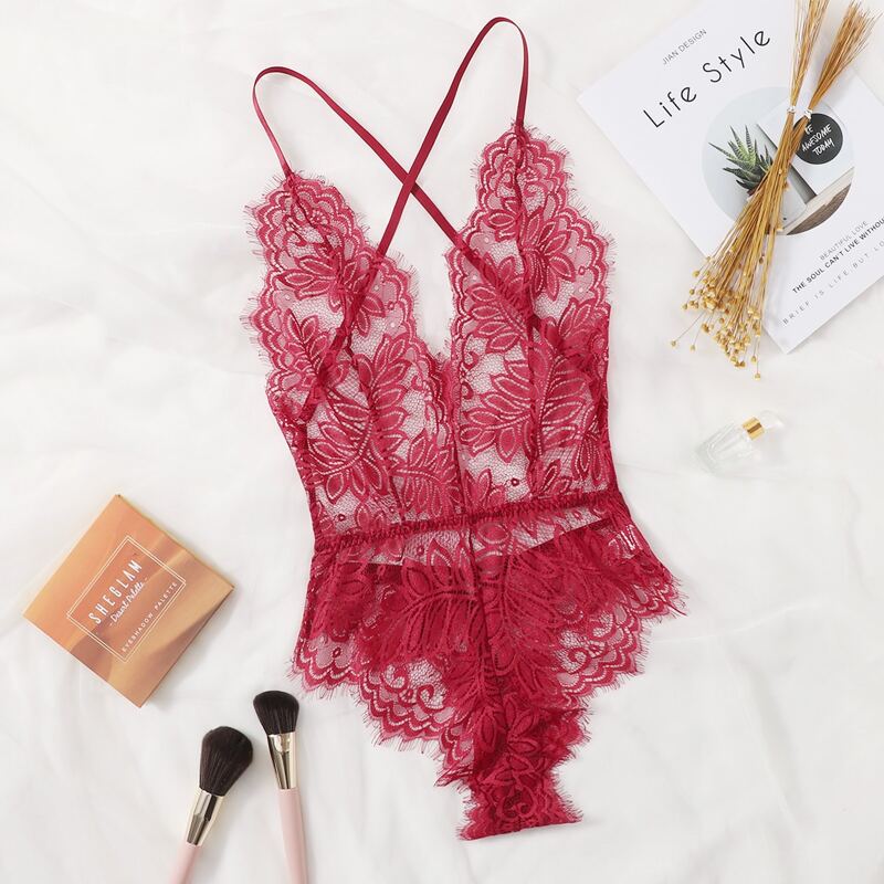 

Floral Lace Teddy Bodysuit, Burgundy