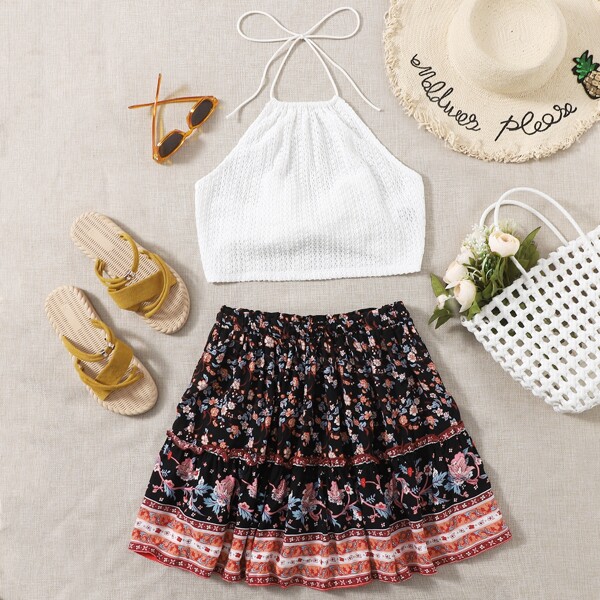 

Tied Backless Halter Top & Floral Skirt Set, Multicolor