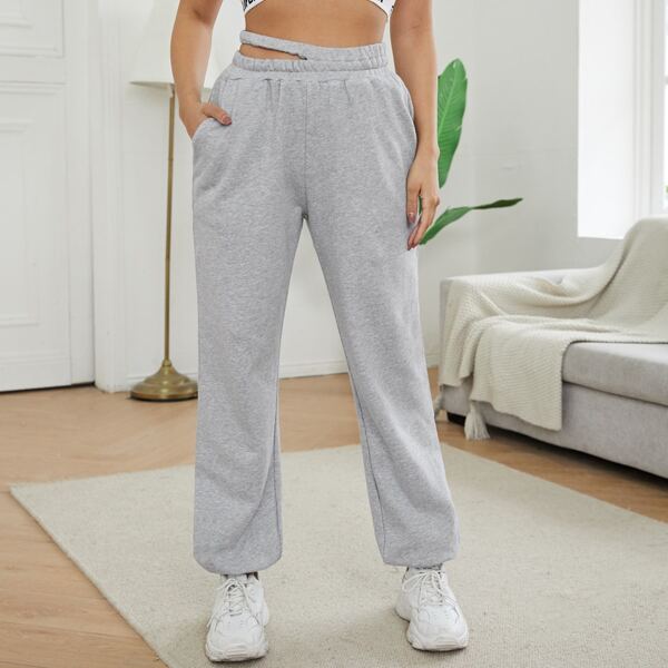 

Solid Cut Out Elastic Waist Joggers, Light grey
