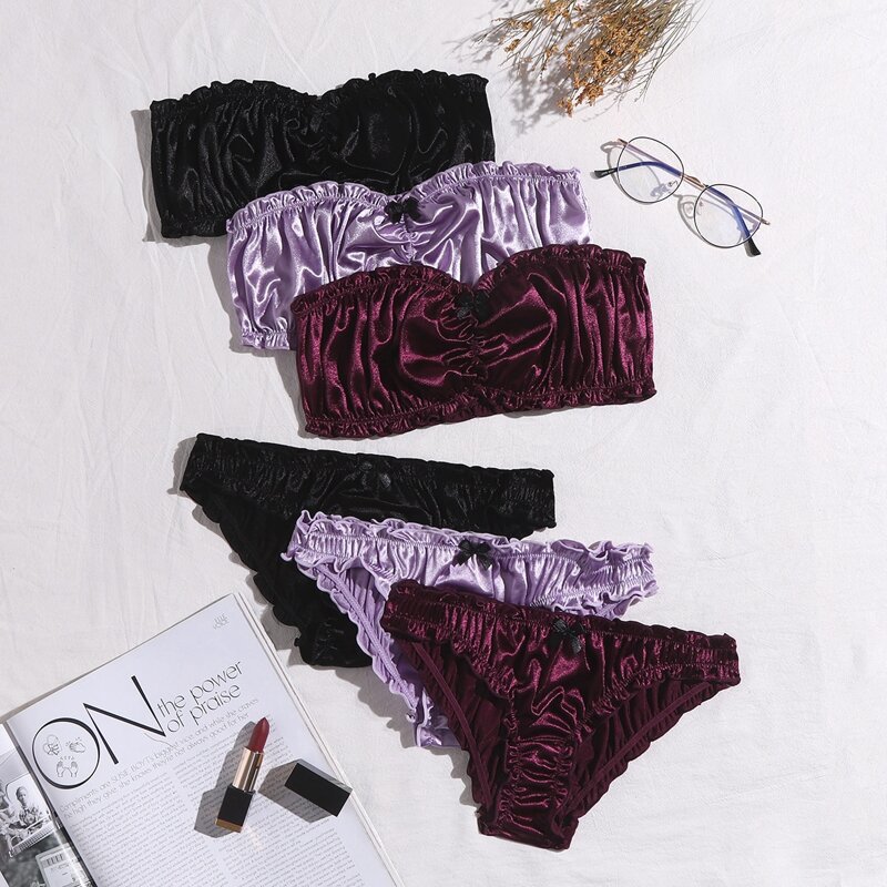 

3sets Satin Frill Trim Bandeau Lingerie Set, Multicolor