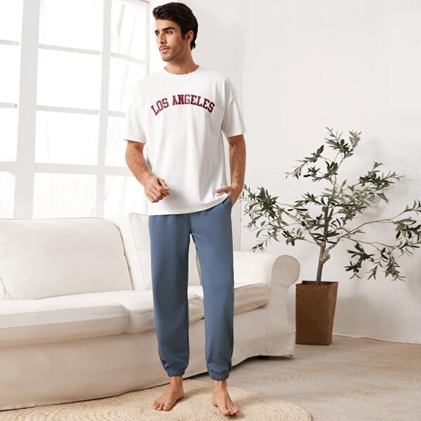 

Men Letter Graphic Tee & Pocket Side Pants PJ Set, Blue and white