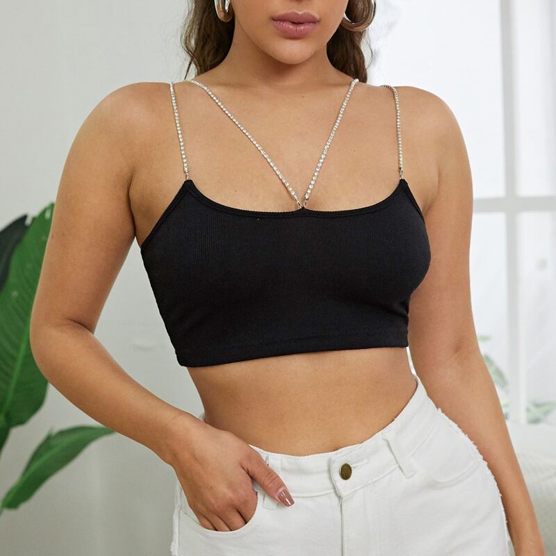 

Rhinestone Straps Rib-knit Crop Top, Black