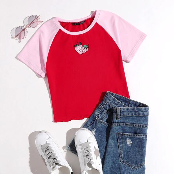 

Color Block Strawberry Print Tee, Red