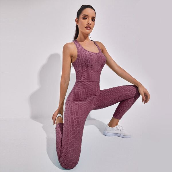 

Twist Backless Solid Sports Jumpsuit, Red violet