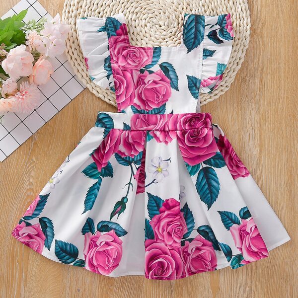 

Toddler Girls Floral Print Ruffle Trim Overall Dress, Multicolor