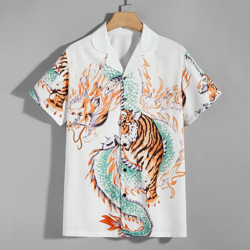 Guys Chinese Dragon And Tiger Print Shirt, White