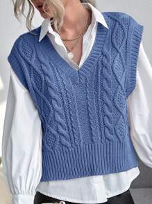 Solid Cable Knit Sweater Vest - Blue - View 1