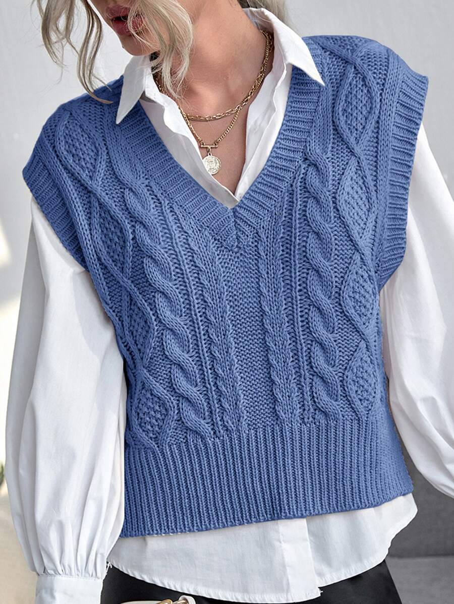 Solid Cable Knit Sweater Vest - Blue - View 1