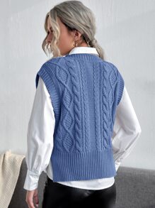 Solid Cable Knit Sweater Vest - Blue - View 2