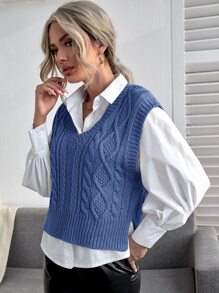 Solid Cable Knit Sweater Vest - Blue - View 4