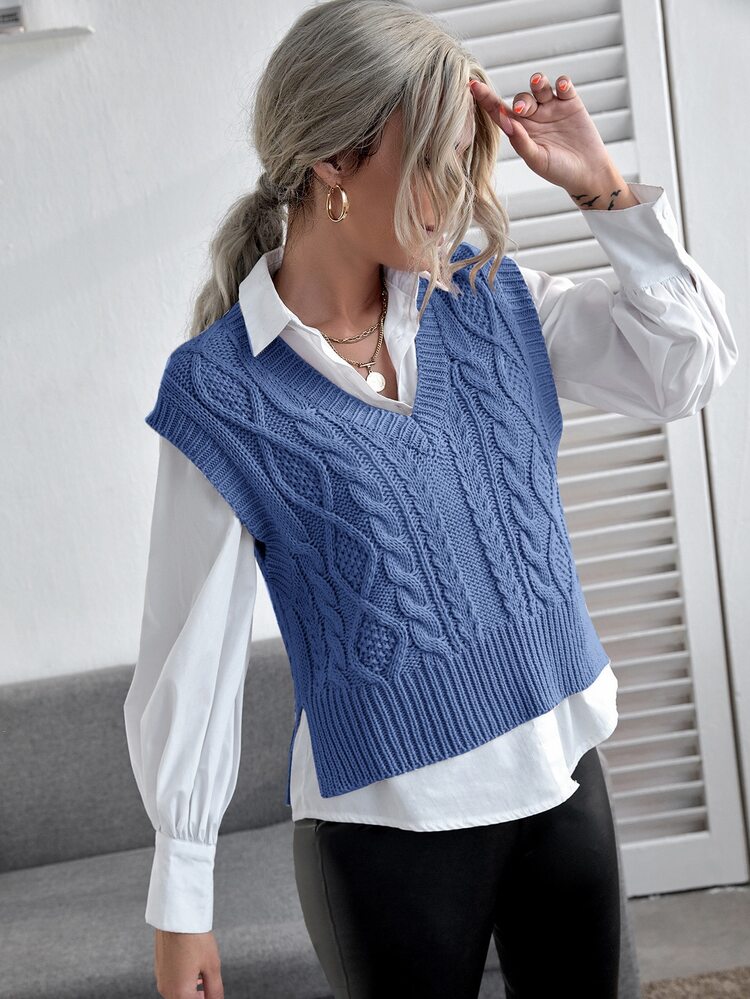 Solid Cable Knit Sweater Vest - Blue - View 5