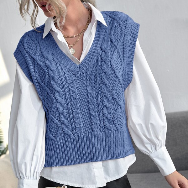 

Solid Cable Knit Sweater Vest, Blue
