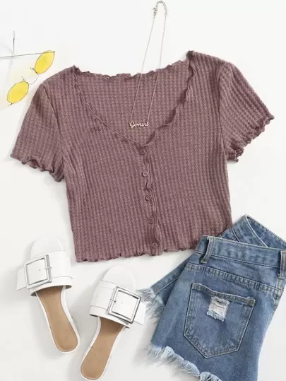 SHEIN EZwear 生菜邊紐扣T恤