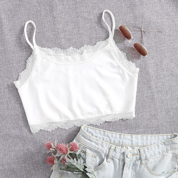 

Contrast Lace Crop Cami Top, White