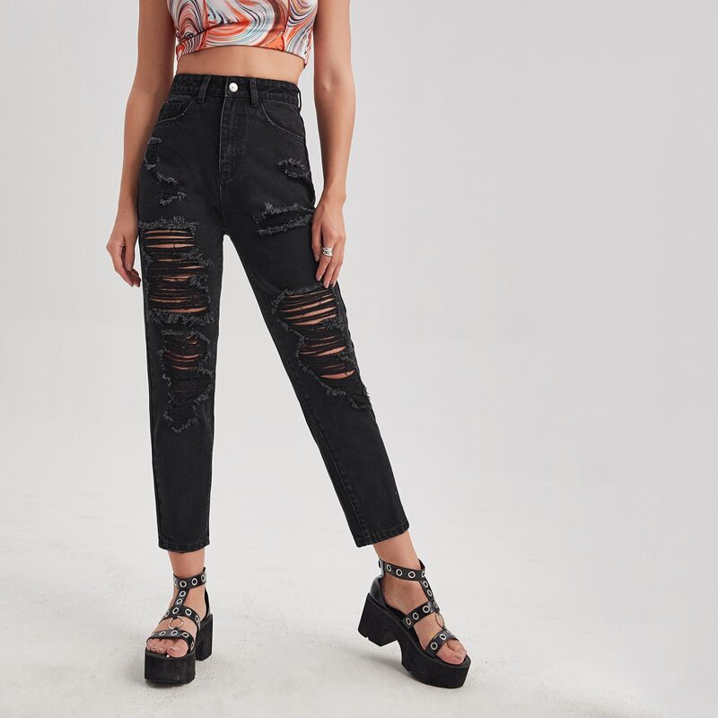 

Zipper Fly Ripped Detail Jeans, Black