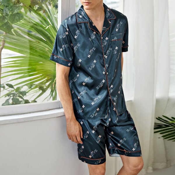 Men Letter Graphic Satin PJ Set, Dark green