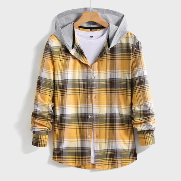 

Men 1pc Plaid Button Front Contrast Hooded Shirt, Multicolor