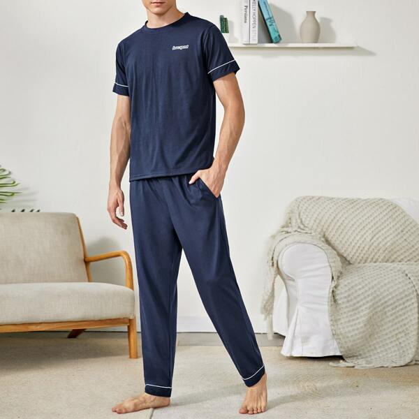 

Men Letter Graphic PJ Set, Navy blue