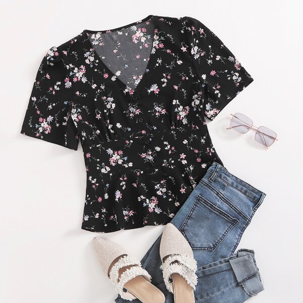 

Allover Floral Print Button Front Blouse, Multicolor
