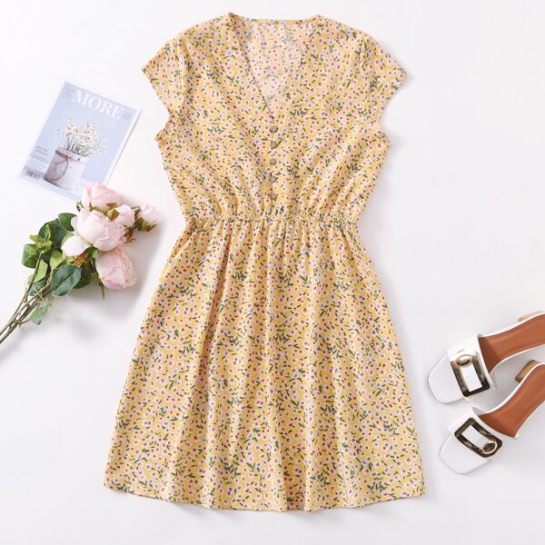 

Ditsy Floral Button Front A-line Dress, Yellow
