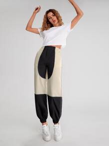 Pantalones de color combinado ribete en contraste de cintura elástica - Multicolor - Ver 1