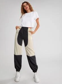Pantalones de color combinado ribete en contraste de cintura elástica - Multicolor - Ver 3