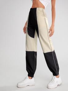 Pantalones de color combinado ribete en contraste de cintura elástica - Multicolor - Ver 4