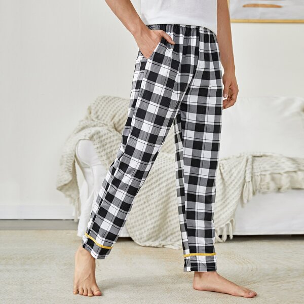 

Men Gingham Slant Pocket Sleep Pants, Black and white