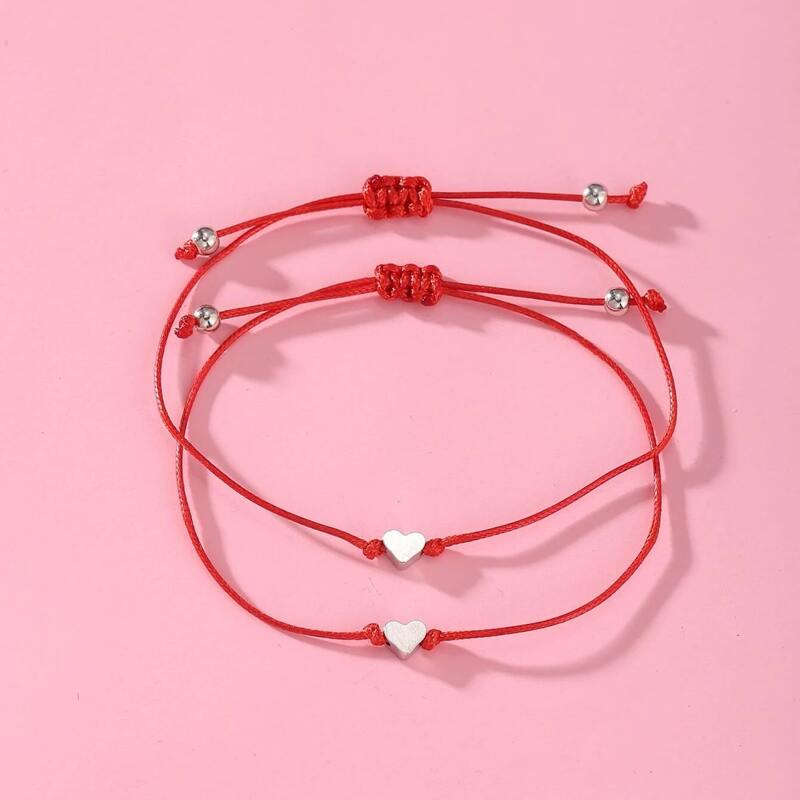

2pcs Heart Decor Rope Bracelet, Red