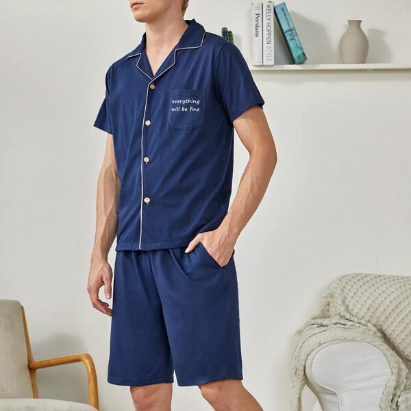 

Men Slogan Graphic Lapel Collar Button Front PJ Set, Navy blue