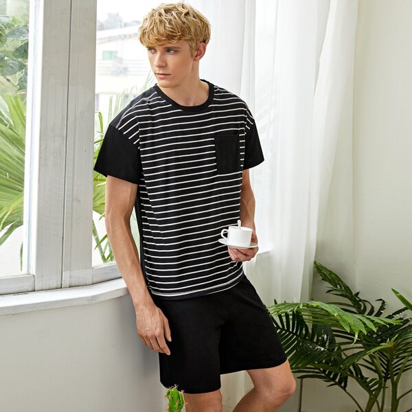 

Men Striped Print Pocket Patched PJ Set, Black