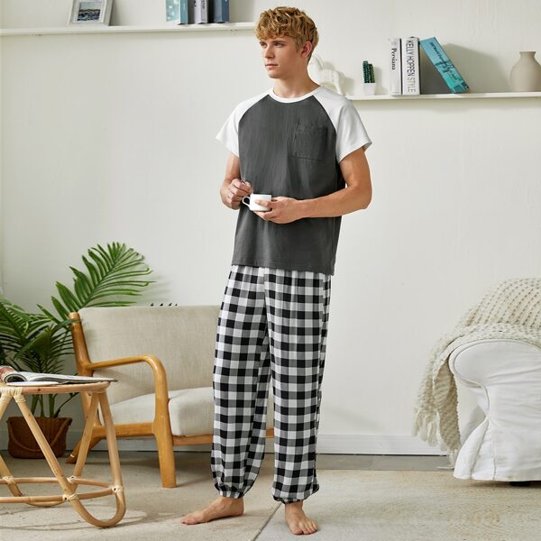 Men Plaid Print Raglan Sleeve Pocket Patched PJ Set, Multicolor