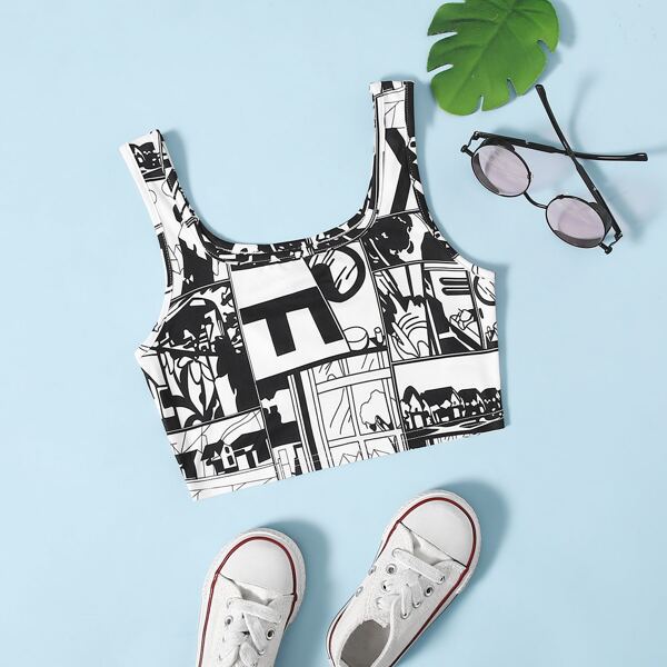 

Girls Graphic Print Tank Top, Black and white