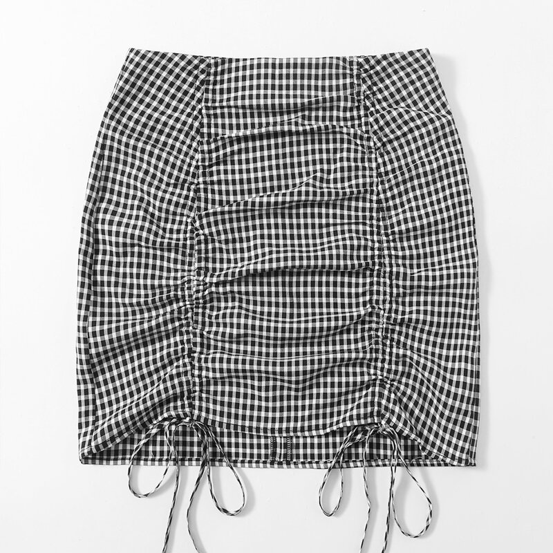 

Gingham Drawstring Ruched Skirt, Black and white