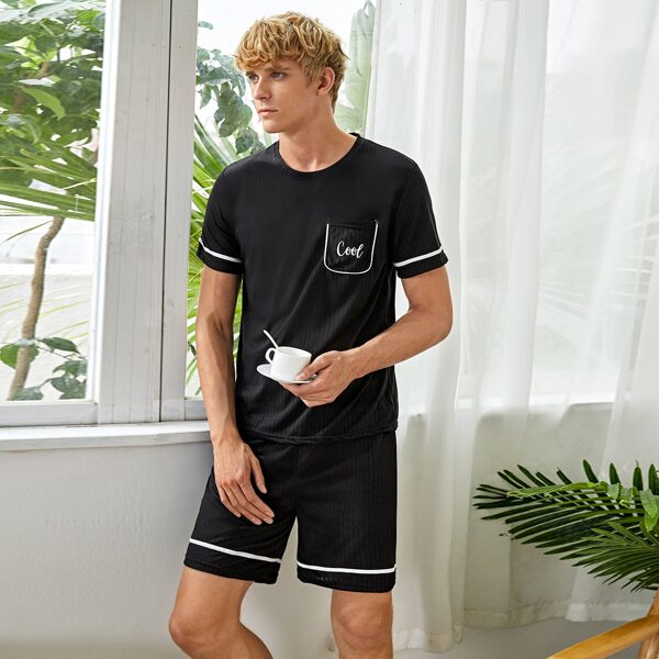 

Men Letter Graphic Pajama Set, Black