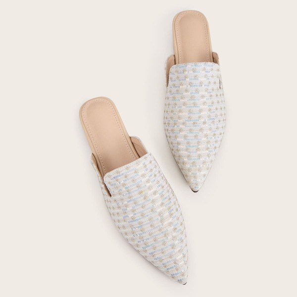 

Point Toe Sequins Detail Flat Mules, Beige